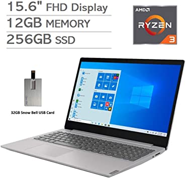 2020 Lenovo IdeaPad 15.6" FHD Laptop Computer, AMD Ryzen 3-3200U Processor, 12GB RAM, 256GB PCIe SSD, Dolby Audio, AMD Radeon Vega 3 Graphics, Webcam, HDMI, Win 10 S, Gray, 32GB Snow Bell USB Card