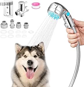 Dog Shower Attachment, Dog Shower Sprayer Attachment Set with Diverter Valve, Dog Shower Brush for Bathroom Shower Arm, Pet Bathing Tool, for Dog and Cat Grooming, Indoor & Outdoor