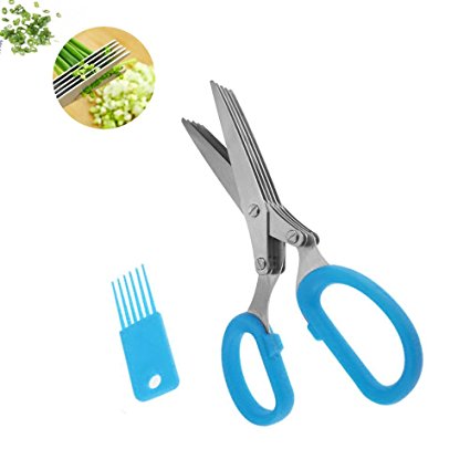 Herb Scissors, ProCIV Kitchen Shears 5 Blades Stainless Steel Herb Scissors with Cleaning Brush (Blue)