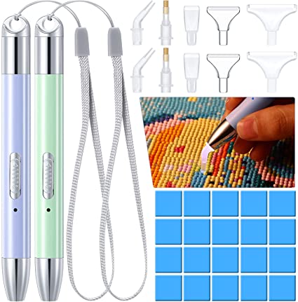 2 Pieces LED Diamond Painting Pen 5D Diamond Painting Pen Point Drill Pen USB Rechargeable Lighting Drill Pen with 10 Pieces Pen Head and 20 Pieces Glue Clay for Kids DIY Handicraft (Green, Purple)