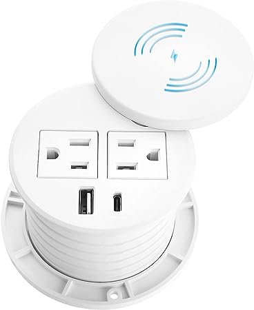 White Desk Power Grommet Outlet Wireless Charger with USB C, Fits 3" Grommet Hole with 6.56ft Extension Cord, Suitable for Conference Room Office Kitchen Table 2 AC 2 USB Wireless Charger