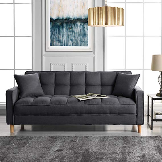 Modern Linen Fabric Tufted Small Space Living Room Sofa Couch (Dark Grey)