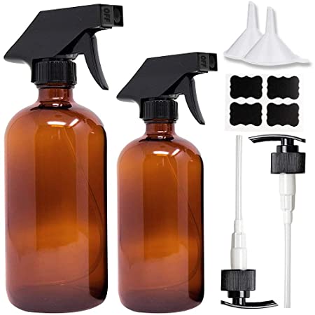 Empty Glass Spray Bottles 8oz ＆ 16oz, Adjustable Spray Nozzles - Amber Spray Bottle for Essential Oils or Aromatherapy - Extra Labels and Lotion Press Pumps As Bonus (2 PACK)