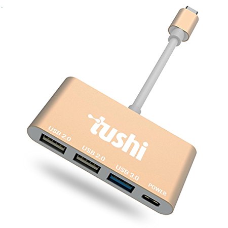 Tushi 4-in-1 USB C Hub with Type C / High Speed USB 3.0, USB 2.0 Ports for New Apple MacBook 12" / New MacBook Pro 13" 15" / ChromeBook Pixel & more / Multi-Port Charging & Connecting Adapter - Gold