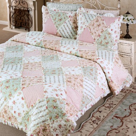 Bedsure "Floral Country Patch" Printed Quilt Set -- Bedspread and Coverlet, Quilt and Sham, Hypo-allergic and Lightweight -- King, Peach