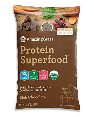 SAMPLE SIZE Amazing Grass Organic Plant Based Vegan Protein Superfood Powder, Flavor: Rich Chocolate, 1.27oz Packet, Meal Replacement