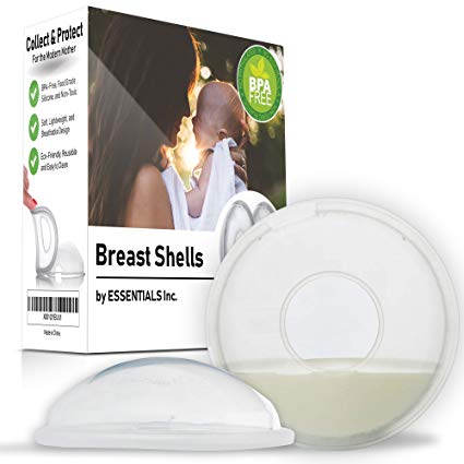 Essentials Breast Shells Milk Saver for Breastfeeding Moms - 2 Nursing Lacti Cups Collect Lactation Milk for Storage & Nippleshield Protects Sore Nipples - Reusable Soft Gel Pads, BPA Free