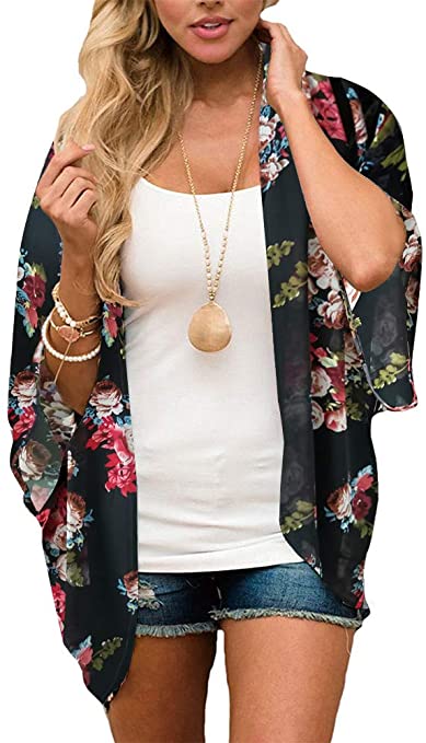 Women's Floral Print Puff Sleeve Kimono Cardigan Loose Cover Up Casual Blouse Tops