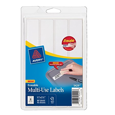 Avery Erasable Labels, Laser/InkJet, .875 x 2.875 inches, White, Permanent, Pack of 80 (5429)