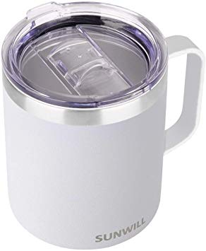 SUNWILL 14 oz Coffee Mug, Vacuum Insulated Camping Mug with Lid, Double Wall Stainless Steel Travel Tumbler Cup, Coffee Thermos Outdoor, Powder Coated White