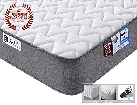 5FT UK King 3D Breathable Fabric Mattress with Pocket Springs - 7-Zone Orthopaedic Mattress - 8.7-Inch - Grey