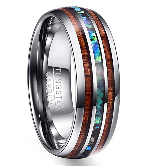 Vakki 8mm Hawaiian Koa Wood and Abalone Shell Tungsten Carbide Rings Wedding Bands for Men Comfort Fit Size 5 to 16