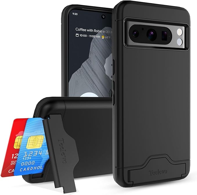 Teelevo Wallet Case for Google Pixel 8 Pro, Dual Layer Case with Card Slot Holder and Kickstand for Google Pixel 8 Pro - Black