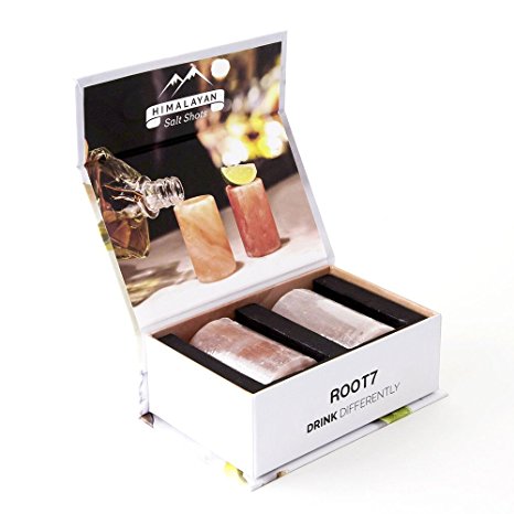 Himalayan Salt Shot Glasses 2 pack from Root7. Salt Shot Tequila Glasses. FDA Approved Ethically Sourced Natural Himalayan Salt. Presented in Presentation Box.