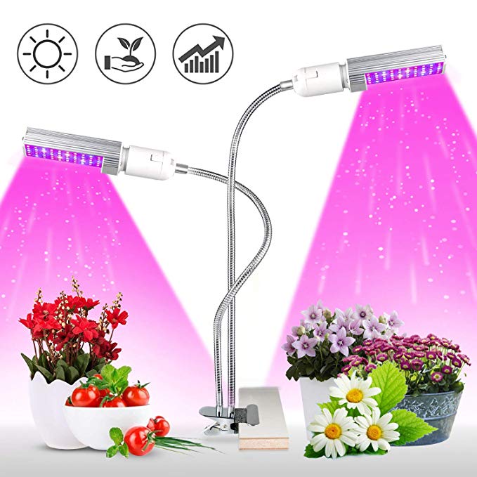 KINGBO Plant Light, 50W Full Spectrum Led Grow Light for Indoor Plants, 100 LEDs Dual Head Red/Blue/White Grow Lamp with 360 Adjustable Gooseneck for Seeding, Flowering and Fruiting