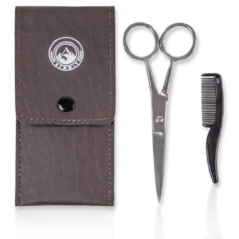 Facial Hair Scissors - Stainless Steel, Top Quality - Ear and Nose Hair Removal - Easy to Use At Home or When Traveling - Includes Case and Grooming Comb