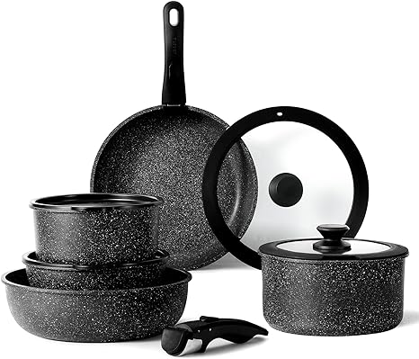 CAROTE 11pcs Pots and Pans Set, Nonstick Cookware Set Detachable Handle, Induction Kitchen Cookware Sets Non Stick with Removable Handle, RV Cookware Set, Oven Safe Cookware Set, Black