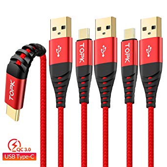 TOPK USB C Cable,USB Type C Cable(3-Pack,3ft,3ft,3ft),Support QC 3.0 3A Fast Charging Cable Nylon Braided Sync Data Transfer Cord Suit for Samsung S10/S9/S8,Note 9/8,LG G6/G5,HTC,Moto(Red)
