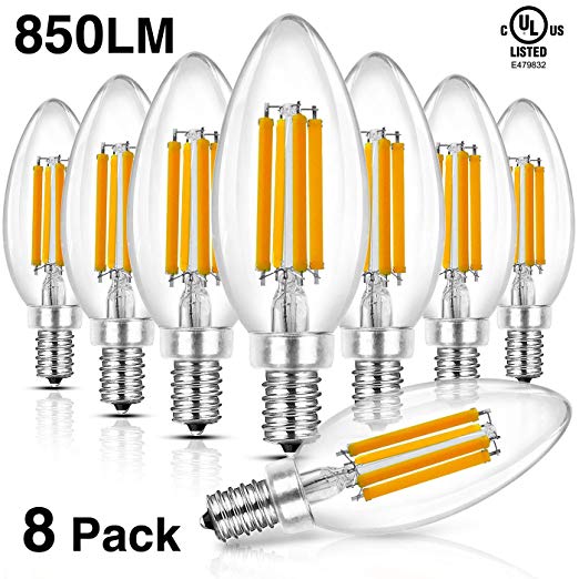 Hizashi 6W 850 Lumen Candelabra LED Bulbs 60W-80W Equivalent Dimmable E12 LED Filament Bulb 2700K Warm White Chandelier Light Bulbs, High Brightness LED Lights for Room, UL Listed - 8 Pack