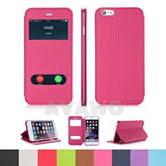 AVAWO for iPhone 6 6S PLUS Case, Creative Smart Window View Touch Front Flip Cover Ultra Thin Folio Case for iPhone 6 6S PLUS 5.5" (Magenta/Rose)