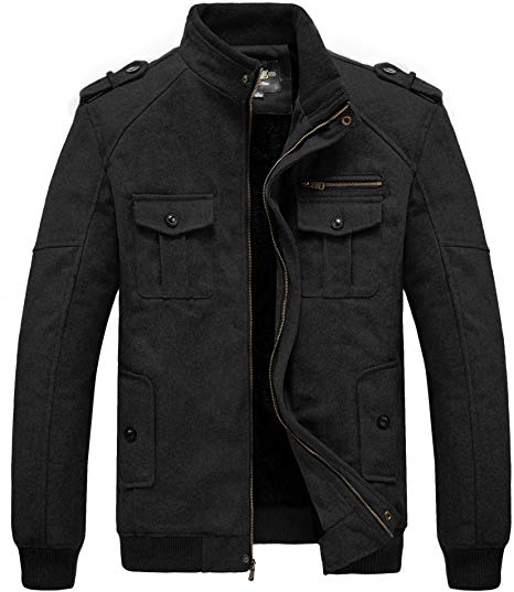 RongYue Men's Winter Thicken Wool Blend Jacket Military Fleece Parka Peacoat