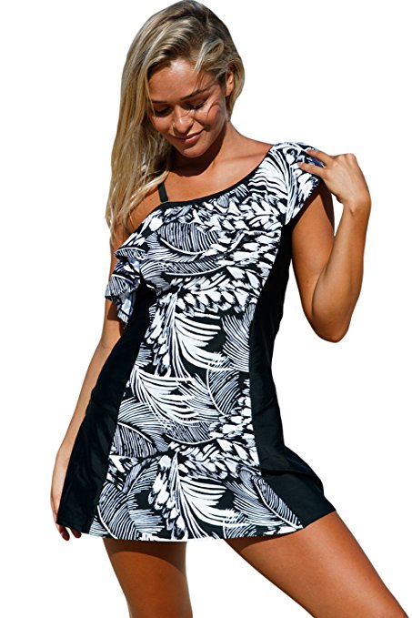 EVALESS Women's Ruffle One Shoulder Printed Swimdress and Black Panty Tankini