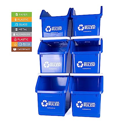 Recycling Rules 6 Gallon Stackable Recycling Bin Container in Blue, Eco-Friendly BPA-Free Handy Recycler with Handle, 6-Pack with Stickers