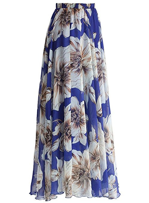 Annflat Women's Boho Floral Print High Waist Pleated Chiffon Long Maxi Skirt