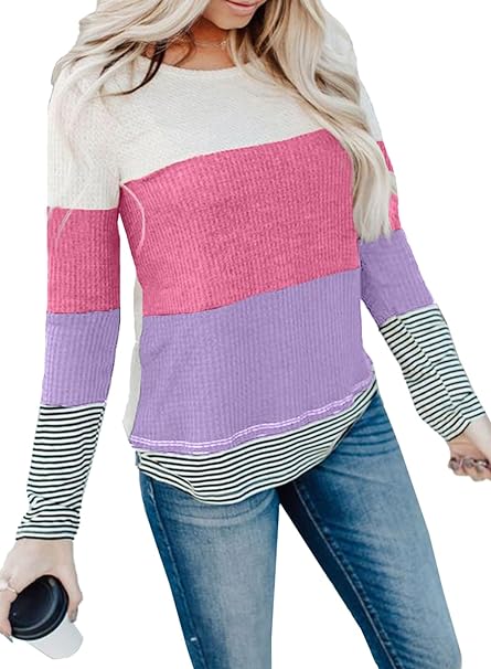 Dokotoo Womens Fashion 2023 Sweaters Casual Long Sleeve Crewneck Color Block Patchwork Pullover Waffle Knit Sweater Tops