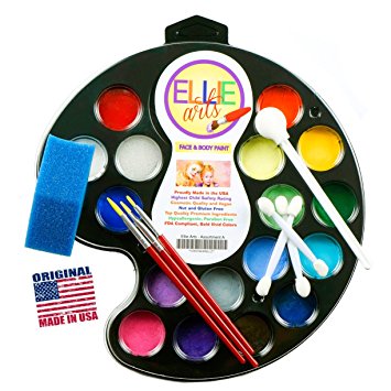 Ellie Arts Face Painting kit for kids 16 color Palette for the Professional or Beginner All the Supplies You Need 3 Brushes 2 Sponges & 4 Applicators. Paints 160 smiling faces. Perfect for Halloween
