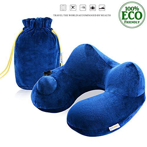 FINDANOR Inflatable Travel Pillow with Washable Soft Velvet Cover,Ergonomically Design, Travel Pillows for Airplanes,Car, Bus and Office Napping, Free Storage Bag. (Blue)