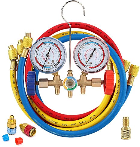 LEIMO 5FT AC Diagnostic Manifold Freon Gauge Set for R134A R12, R22, R502 Refrigerants - 60" 1/4" Standard Hoses with Couplers and Acme Adapter