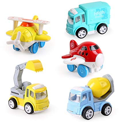BeebeeRun Toy Cars,Truck Toy for Boys Girls,1 Excavator,1 Mixer Truck,1 Freight Truck,2 Plane,Push Go/Pull Back Cars Planes, Car Baby Toy for Girl Boy ,Birthday Gifts