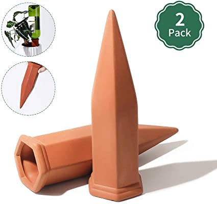 POTEY Terracotta Plant Watering Stakes - Automatic Self Waterer Devices Spikes for Vacations Irrigation, Self-Watering for Indoor Outdoor Plants 2 Pack