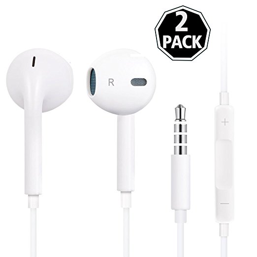 [2 Pack] Earphones with Microphone Premium Earbuds Stereo Headphones and Noise Isolating headset for Apple iPhone iPod iPad Samsung Galaxy S7 S8 and Android Phones(White)
