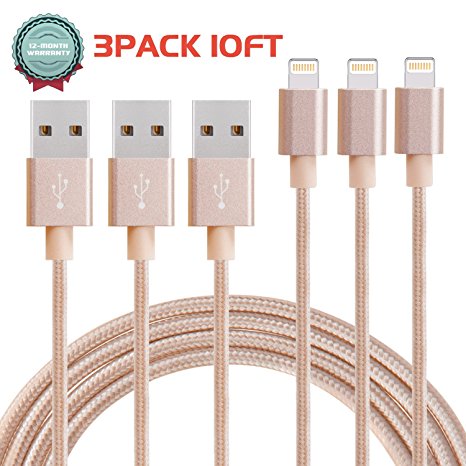 iPhone Charger, Sundix 3pack 10ft Lightning to USB Cable Charging and Syncing Cord Compatiable with iPhone 7 7 Plus 6S Plus 6 Plus SE 5S 5C 5, iPad 2 3 4 Mini Air Pro, iPod 5th Generation--Gold