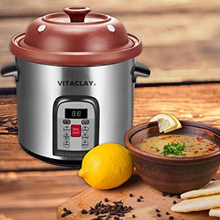 Vitaclay VM7800-5C Smart Organic Clay Multi-Crocks N' Stock Pot, 6.5 quart, Stainless Steel/Black