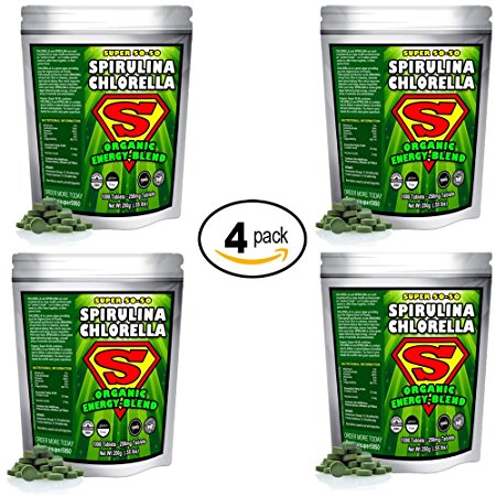 Spirulina Chlorella Super 50-50 Energy-blend (Super-pack 1,000 Tablets). Raw Organic Gluten-free non-GMO Green Superfood. High protein, chlorophyll & nucleic acids. No preservatives. (4 Pack