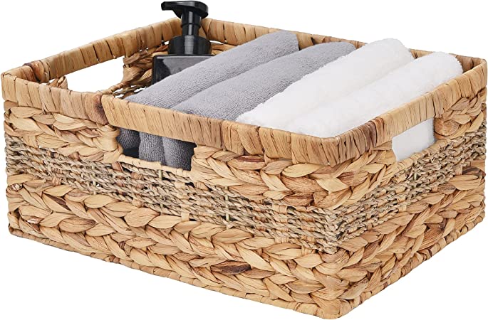 StorageWorks Large Rectangular Wicker Basket, Water Hyacinth and Seagrass Storage Basket with Built-in Handles, 15"L x 11"W x 6 ¾"H