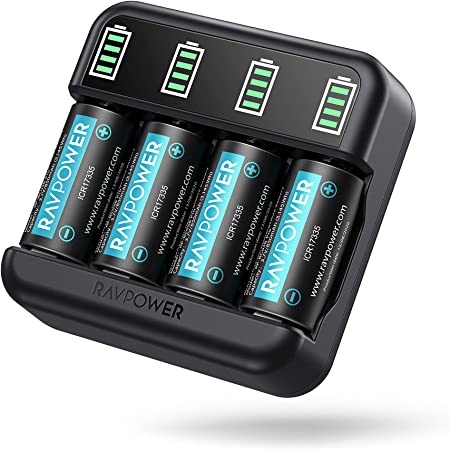 CR123A Rechargeable Lithium Batteries, RAVPower 8 Pack 3.7V 850mAh Batteries and 4-Bay Battery Charger with LED Display for Arlo Wireless Security Cameras VMC3030 VMK3200 VMS3330, Flashlight, Polaroid