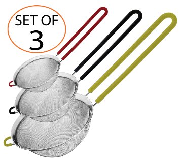 Stainless Steel Fine Mesh Strainer Set of 3 - with Silicone Handles for Sifting Different Quantities of Dried Ingredients Cereals and Spices
