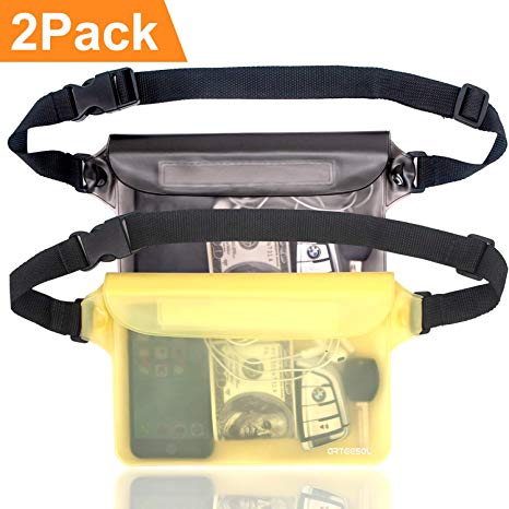 arteesol Waterproof Pouch Bag Case with Adjustable Waist Strap for Beach Swim Boating Kayaking Hiking- Protect Phone Camera Cash Passport Document From Water Sand Dust and Dirt [2 PACK]