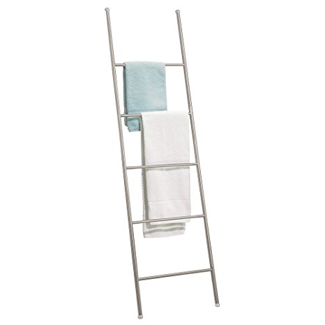 mDesign Free Standing Bath Towel Bar Storage Ladder - 5 Rungs, Satin