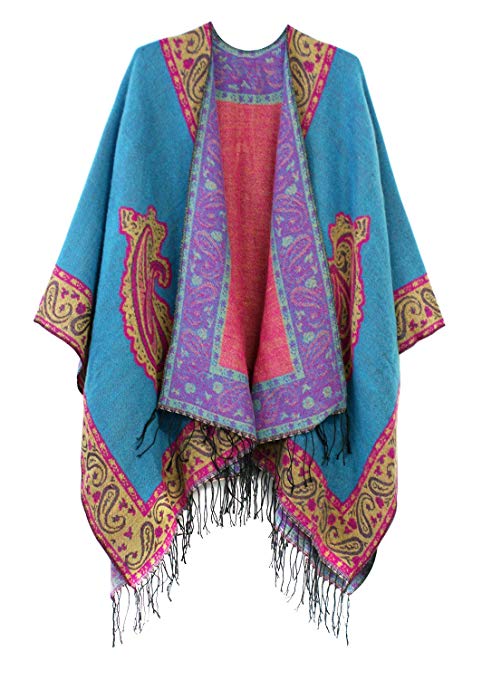 Women's Fashionable Retro Style Vintage Pattern Tassel Poncho Shawl Cape