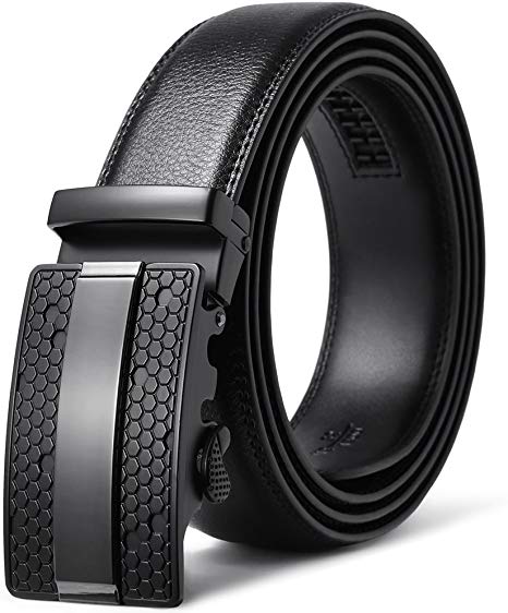 BOSTANTEN Men's Leather Ratchet Dress Belt with Automatic Sliding Buckle (Waist31-34, Black)