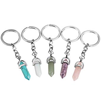 Exweup 5Pcs Crystal Key Chain Opal Amethyst Gemstone Jewelry Accessory Reiki Chakra Pendant Key Rings for Women