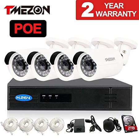 TMEZON 8ch 720P 1080P Onvif NVR HD 4x 720P Outdoor Day Night Vision IP Surveillance Camera Kit PoE 1.0MP CCTV HDMI Security Camera System P2P Smartphone Scan QR Code Quick View 2TB HDD