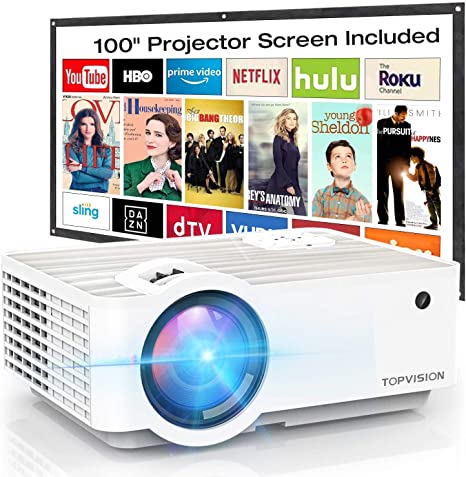 TOPVISION Mini Projector, With Video Projector and screen, 5500 Lumens, Native 720P, Full HD 1080P Supported and 240’’ Display, with 60,000 hrs Long Life LED, Compatible with HDMI/USB/SD/AV/VGA.