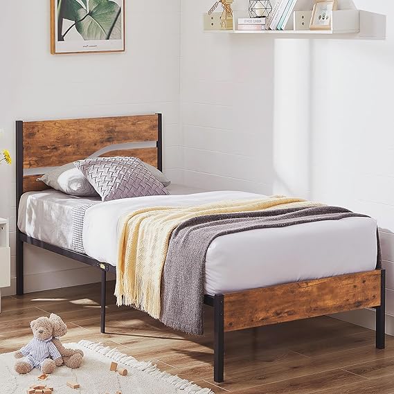 VECELO Twin Bed Frame with Rustic Wood Headboard, Strong Metal Slats Support No Box Spring Needed, Easy Assembly