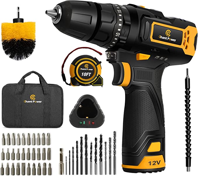 Cordless Drill, 12V Impact Drill Set with Dual-Speed, 21 1 1 Torque Settings, 3/8’’ Keyless Chuck, 45pcs Accessories Bits, Fast Charger with Tool Bag, C P CHANTPOWER